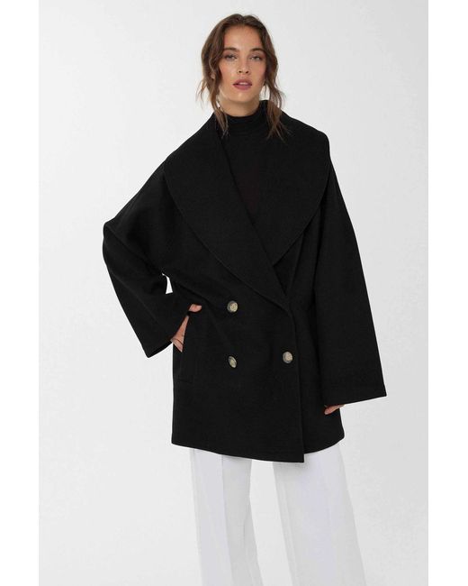 Hiccup Black Oversized Turndown Collar Button Coat