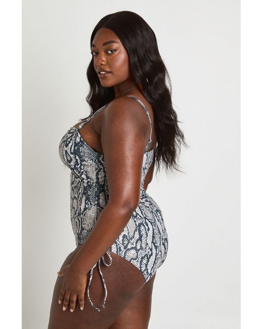 Boohoo Natural Plus Snake Print Ruched Swimsuit