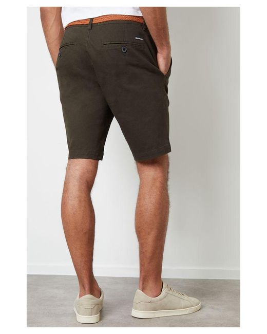 Threadbare Green 'Conta' Cotton Turn-Up Chino Shorts With Woven Belt for men