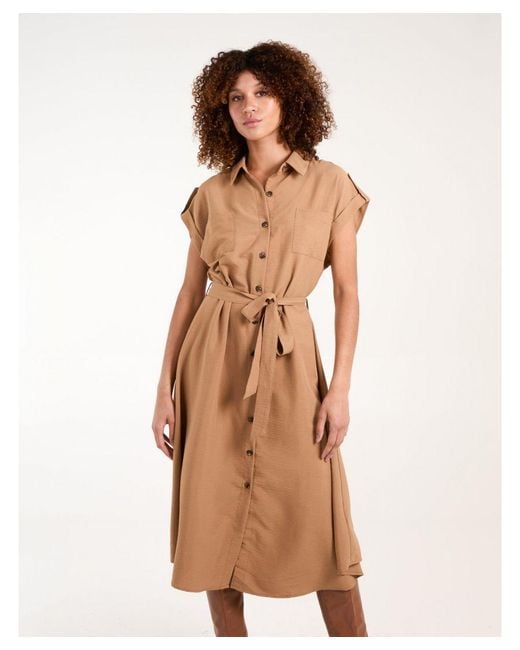 Blue Vanilla Natural Button Front Midi Utility Shirt Dress
