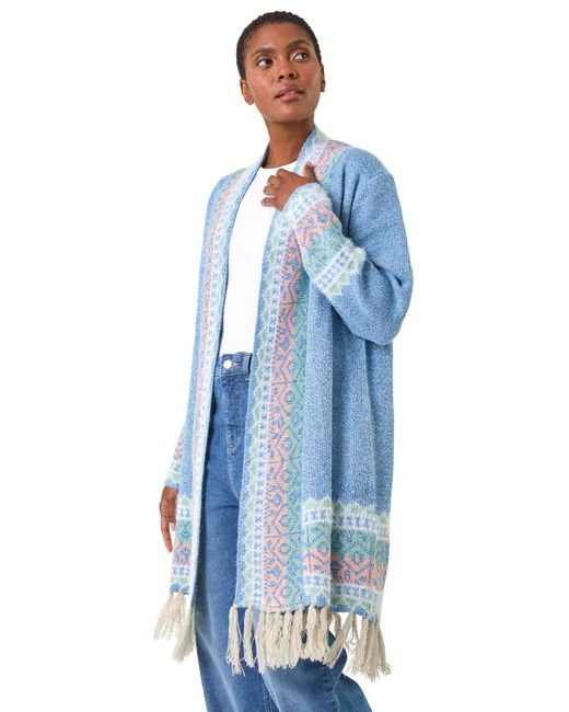 Roman Blue Patterened Fringe Cardigan