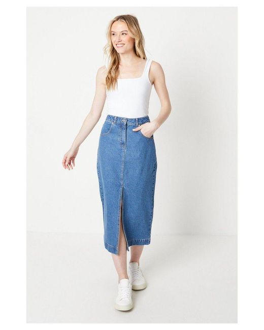 Oasis Blue Embroidery Pocket Denim Midi Skirt