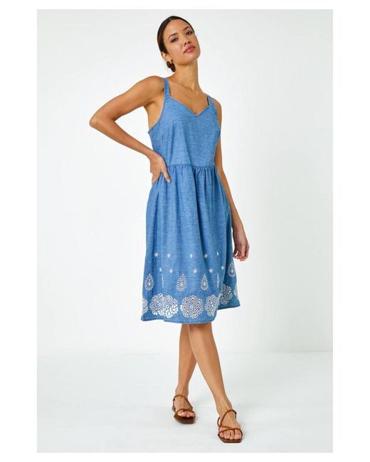 Roman Blue Sleeveless Cotton Embroidered Midi Dress