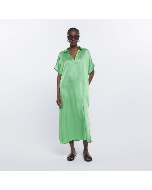 River Island Green Midi Dress Shift Short Sleeve