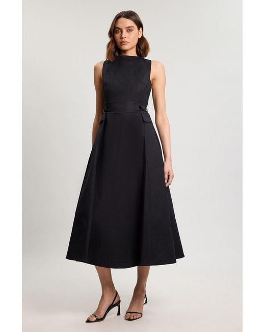 Karen Millen Black Premium Cotton Tailored Fabric Belted Buckle Midi Dress