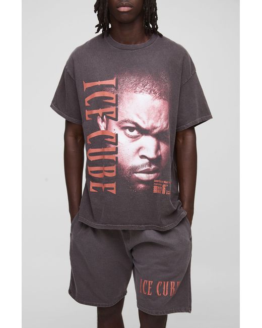 BoohooMAN Gray Chocolate Oversized Ice Cube License T-Shirt & Short Set for men
