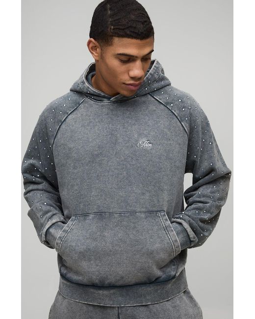 BoohooMAN Gray Oversized Boxy Rhinestone Washed Raglan Hoodie for men