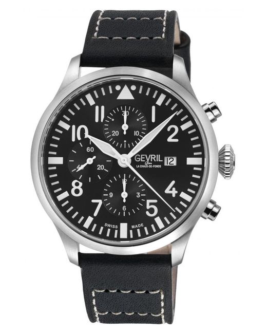 Gevril Black Vaughn Chronograph Leather Swiss Automatic Eta 7750 Watch for men