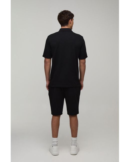 BoohooMAN Black Tall Slim Fit Waffle Zip Neck Polo & Shorts Set for men