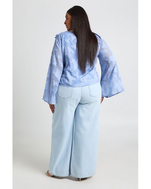 Boohoo Blue Plus Burnout Ruffle Front Tie Blouse