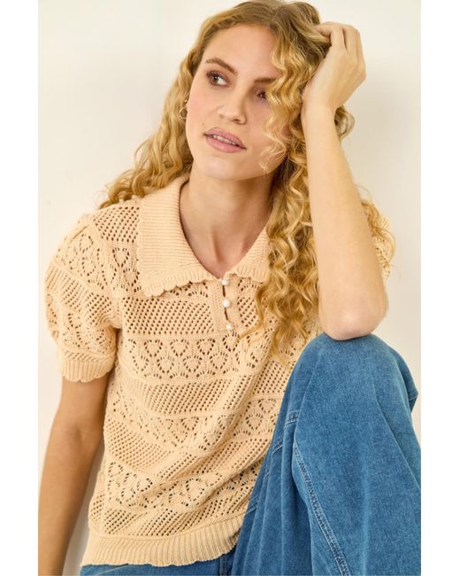 Roman Blue Pointelle Collar Knit Top
