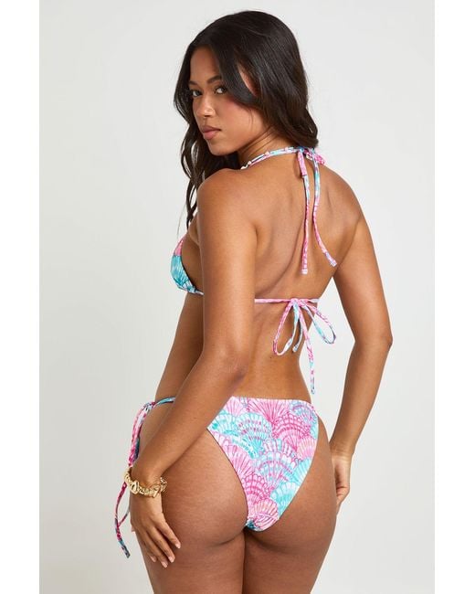 Boohoo Blue Abstract Sea Print Triangle Bikini Top And Tie Side Bottom