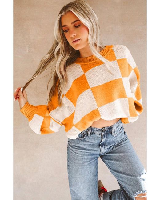 Azura Exchange Orange Checkered Bishop Sleeve Sweater