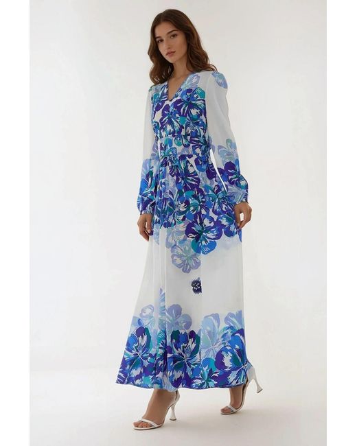 Hiccup Blue Printed Maxi Dress With V-Neck