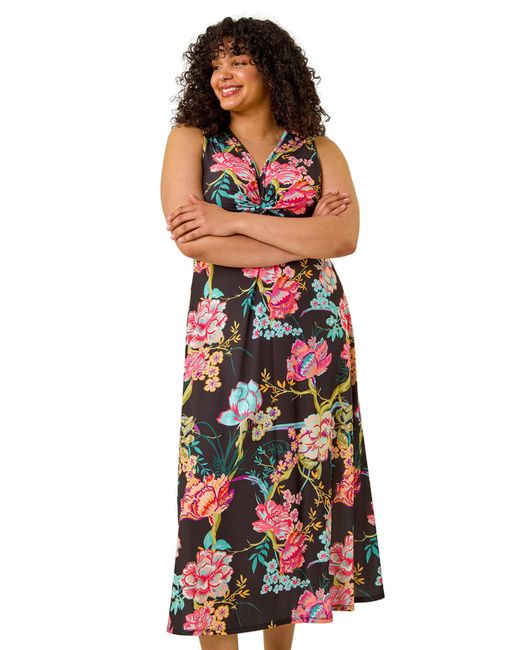Roman Red Curve Twist Front Floral Maxi Dress