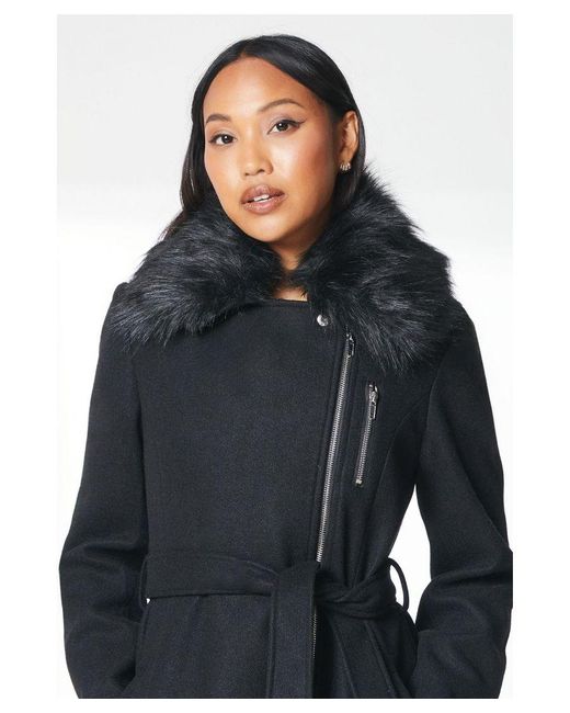 PRINCIPLES Faux Fur Collar Belted Biker Coat in Blue Lyst UK