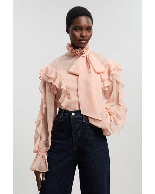 Karen Millen Blue Ruffle Front Crinkle Georgette Pussy Bow Blouse