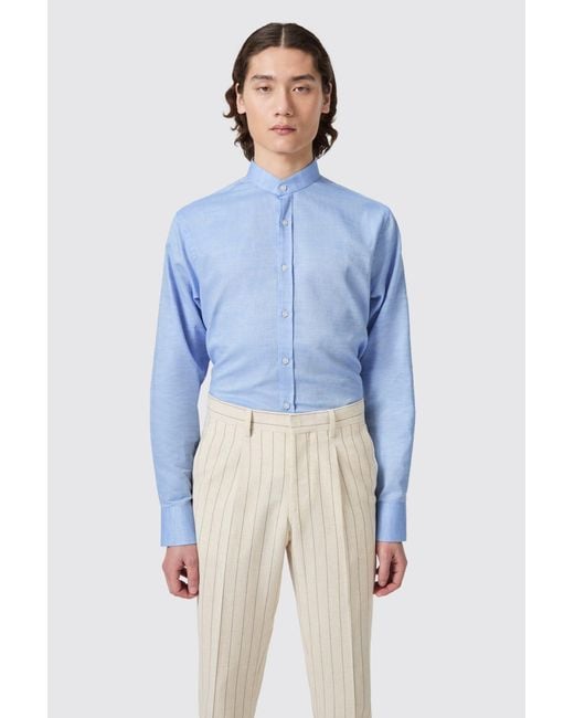 Shelby and Sons Blue Saunders Slim Fit Grandad Collar Linen Shirt for men