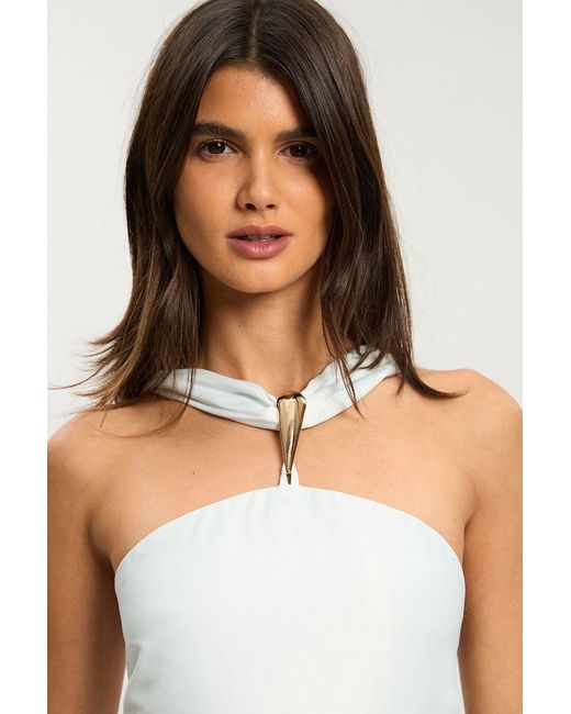 Karen Millen White Petite Tile Print Satin Viscose Halterneck Maxi Dress