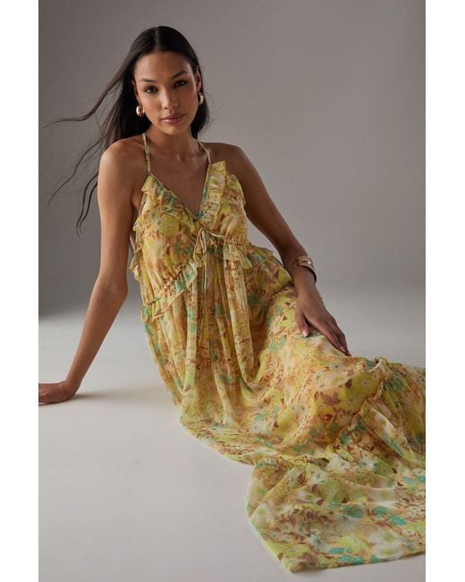 Warehouse Metallic Chiffon Ruffle Strappy Floaty Maxi Dress
