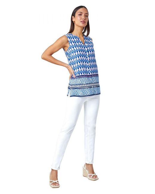 Roman Blue Longline Border Print V-Neck Blouse