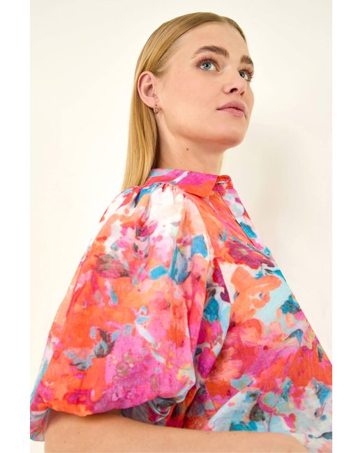 Roman Red Abstract Print Buttoned Blouse