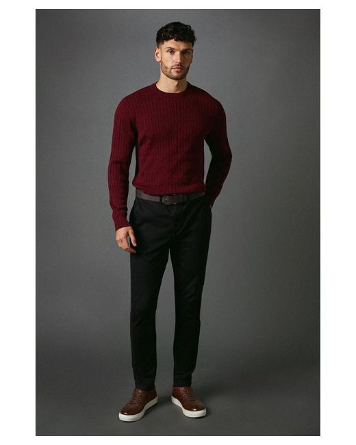 MAINE Red Premium Pure Cotton Cable Crew Neck Jumper for men