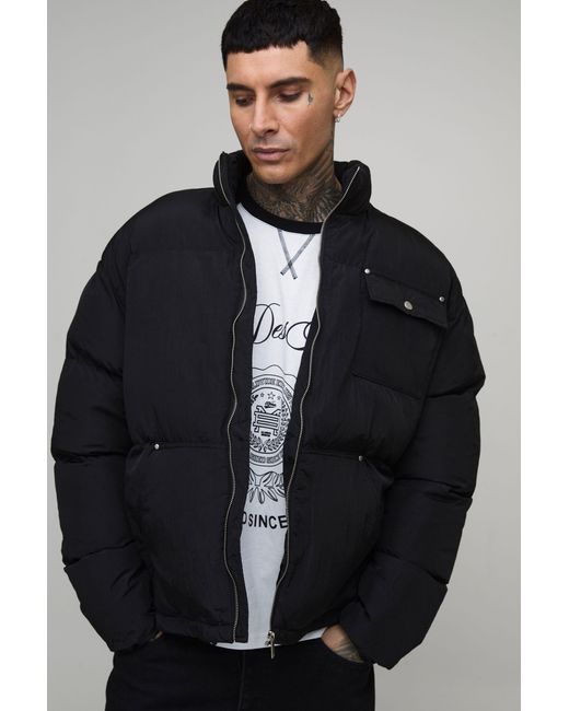 BoohooMAN Black Tall Regular Fit Nylon Carpenter Funnel Neck Puffer Jacket for men