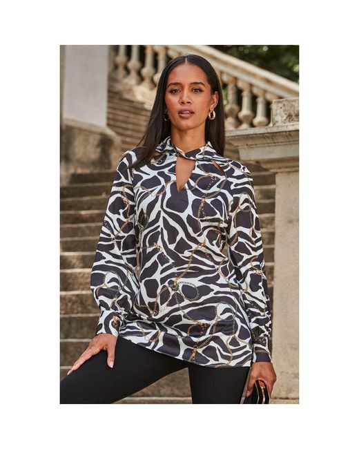 Sosandar Black Multi Print Keyhole Detail Tunic Top