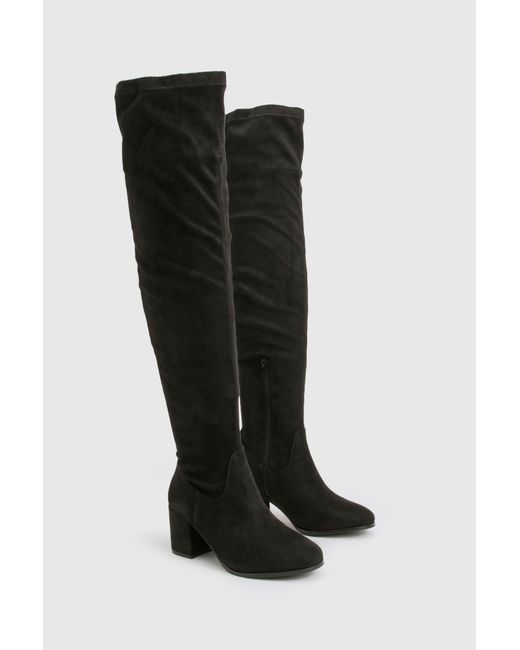 Boohoo Black Wide Fit Faux Suede Block Heel Knee High Boots