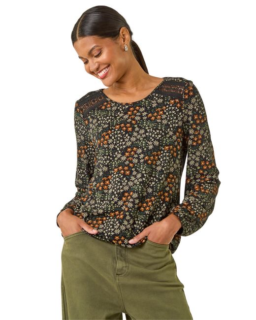 Roman Green Printed Lace Stretch Top