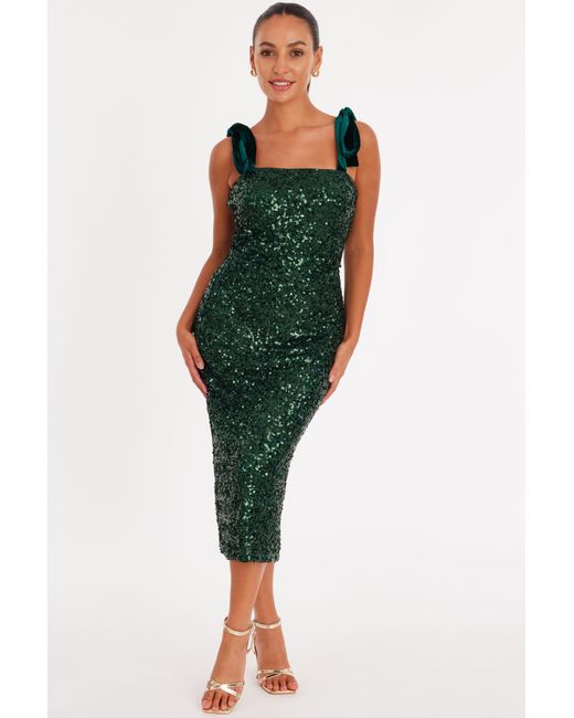 Quiz Green Petite Sequin Bow Detail Midaxi Dress