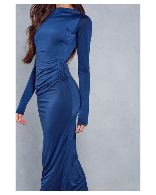 MissPap Blue Double Layer Slinky High Neck Ruched Detail Maxi Dress