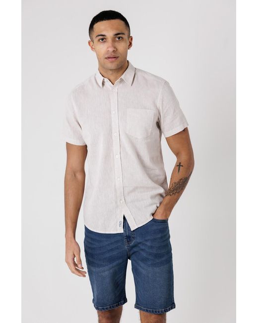 Tokyo Laundry Blue Linen Blend Short Sleeve Button-Up Shirt With Chest Pocket for men