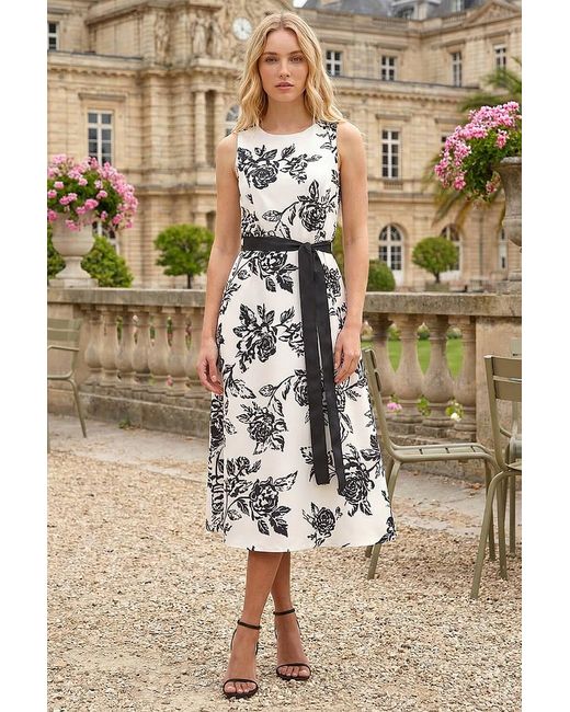 Roman White Monochrome Printed Satin Midi Dress