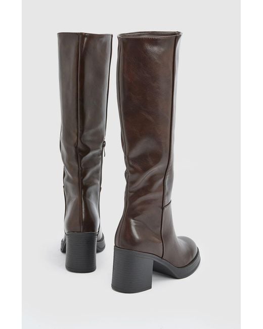 Faith Brown Sealia Faux Leather Medium Block Heel High Leg Boots