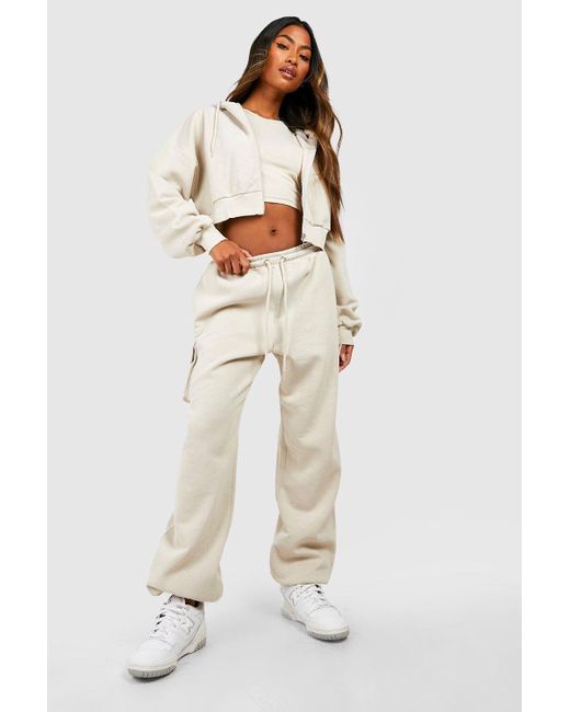 Boohoo Natural 3 Piece Cropped Zip Through Hooded Tracksuit