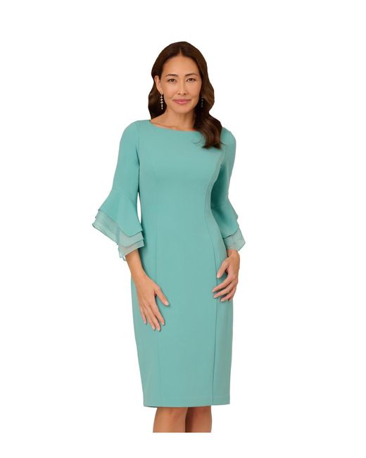 Adrianna Papell Blue Knit Crepe Tiered Sleeve Dress