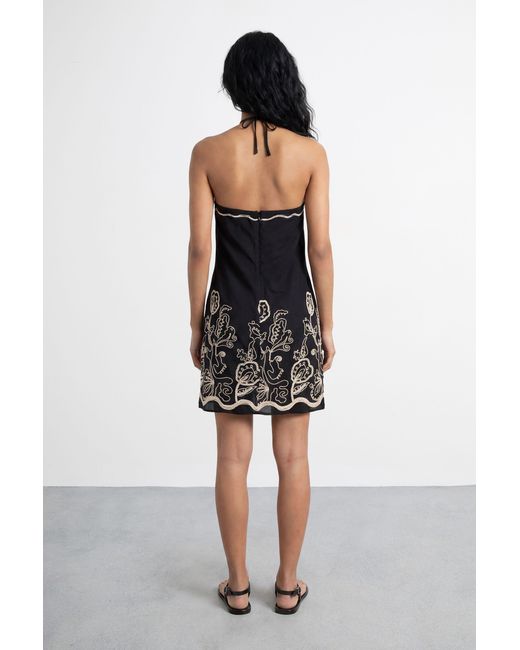 Warehouse Black Halter Embroidered Mini Dress