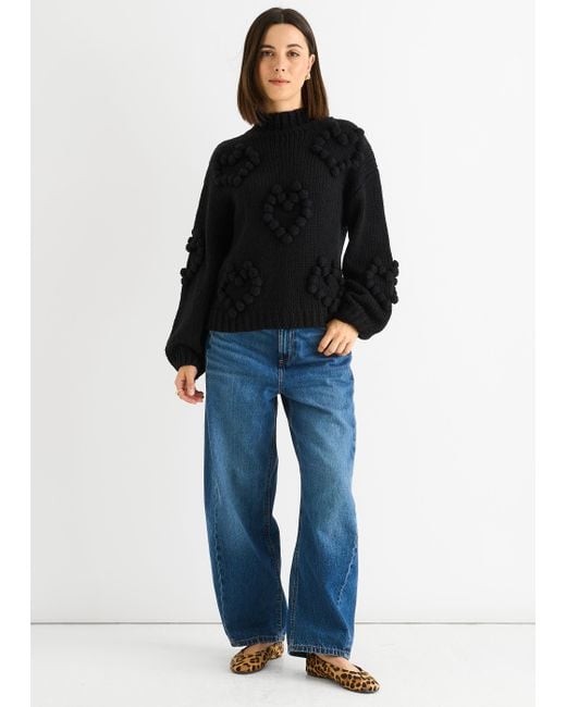 Gini London Zwarte Heart Bubble Grof Gebreide Trui Met Hoge Hals in het Black