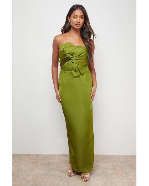 Oasis Green Satin Bow Front Bandeau Midi Dress