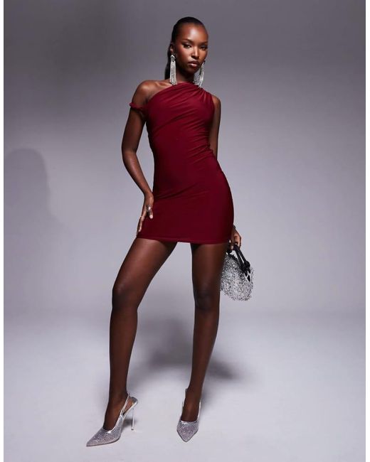 Kaiia Purple Exclusive Double Layered Slinky Twist Shoulder Mini Dress