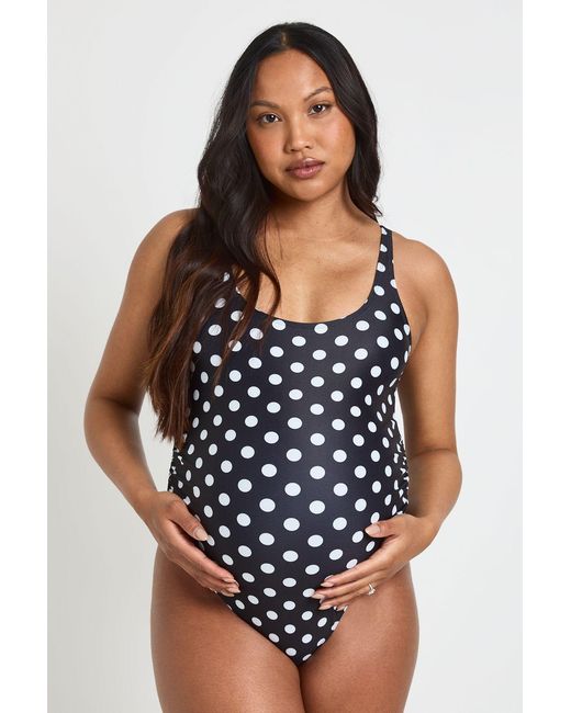 Boohoo Black Maternity Polka Dot Scoop Neck Swimsuit