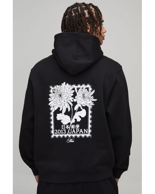 BoohooMAN Black Relaxed Floral Japan Print Hoodie for men
