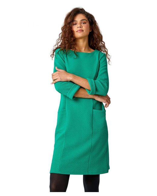 Roman Green Textured Pocket Cotton Blend Shift Dress