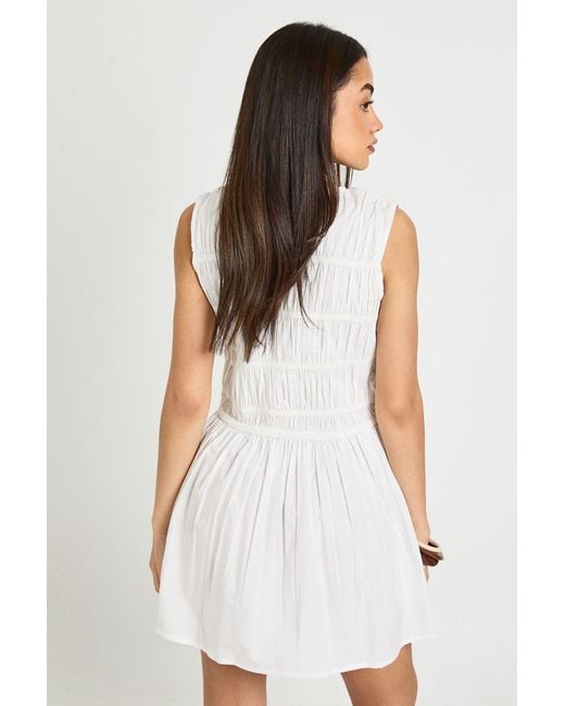 Boohoo White Cotton Poplin Shirred Mini Dress