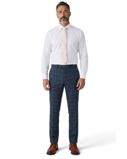 Paul Andrew Blue Tweed Herringbone Check Trousers for men