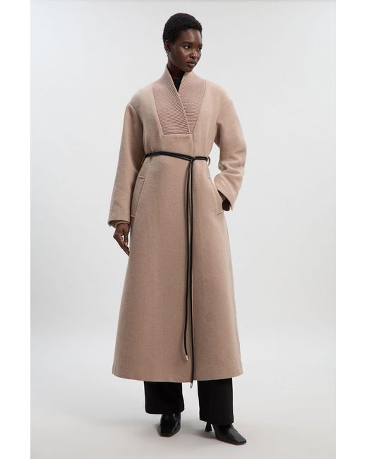 Karen Millen Natural Wool Knitted Wrap Neck Belted Tailored Midi Coat