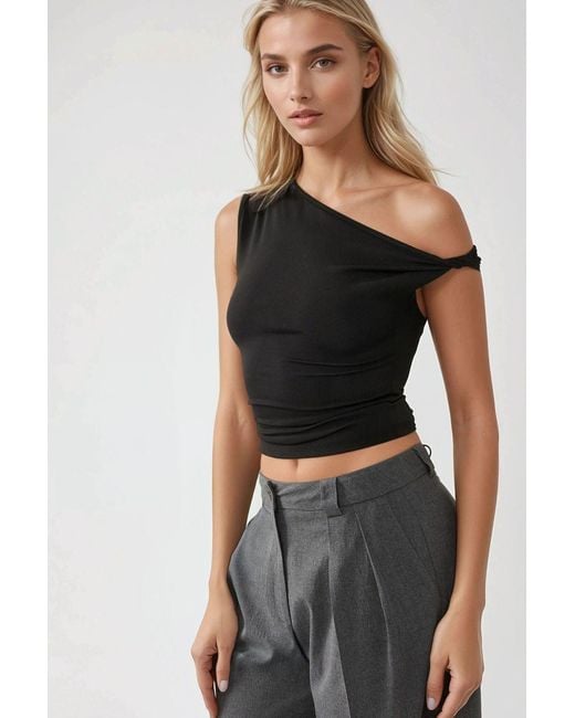 Hiccup Black Asymmetrical Neck Off-Shoulder Slim Fit Top