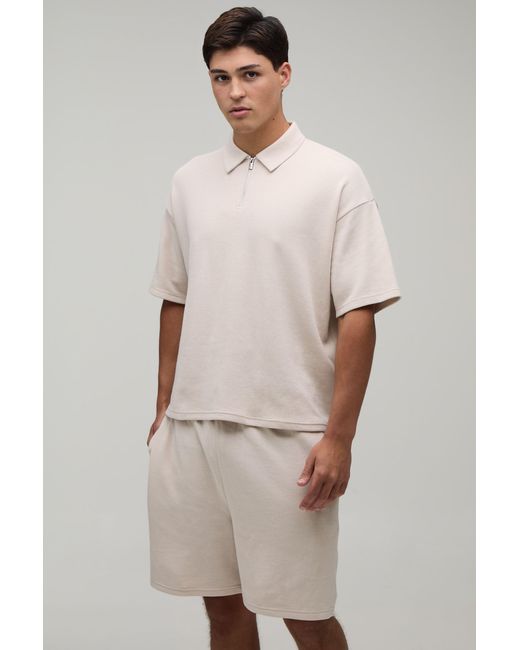 BoohooMAN Natural Oversized Boxy Waffle Zip Neck Polo & Baggy Shorts Set for men